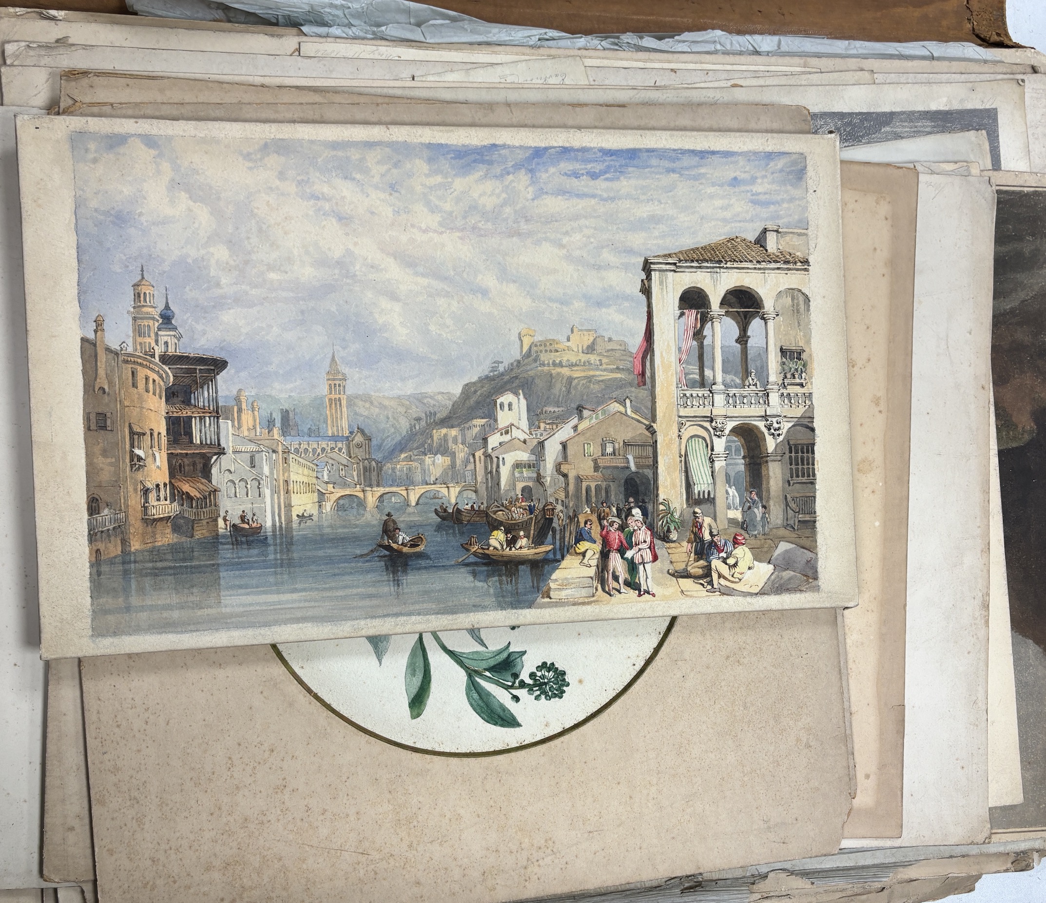 Charlotte Cox nee Parrott, a large folio of unframed work comprising watercolours and sketches, including Venice, historical monuments and interior scenes